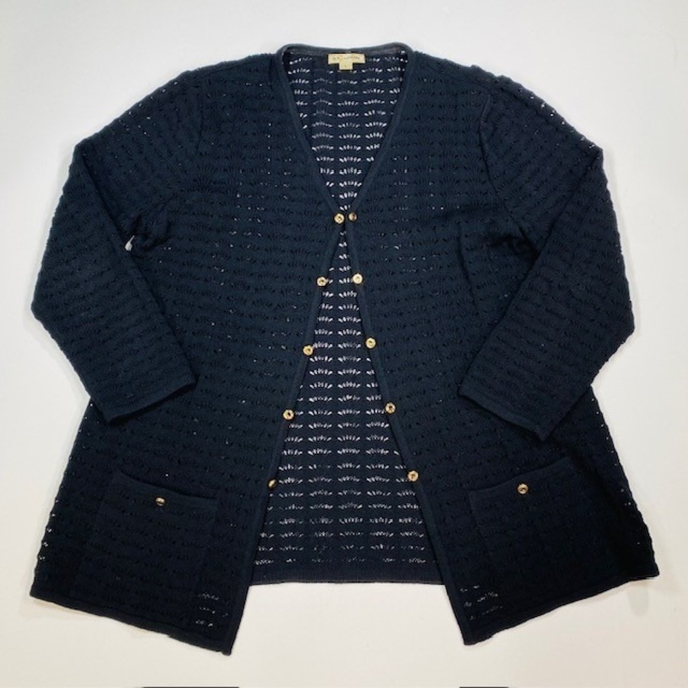 ST JOHN Black Knit Open Weave Cardigan Sweater Gold Buttons Pockets Size‎ L
